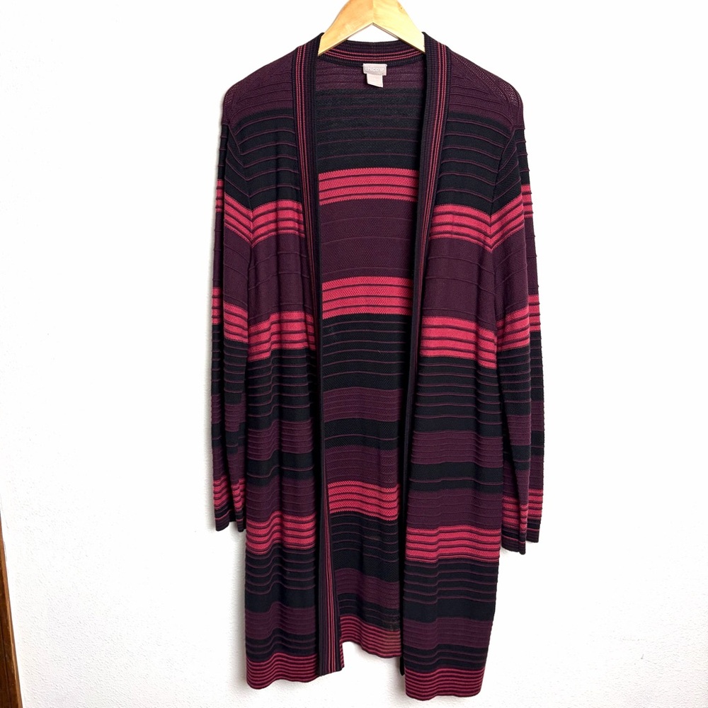 Chico's Burgundy Black Striped Sweater cardigan duster longline sz XL knit